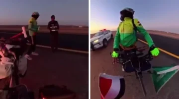 رحالة مصري.. أمن الطرق السعودي يقدم لفتة إنسانية تجاه دراج متجه للمدينة المنورة